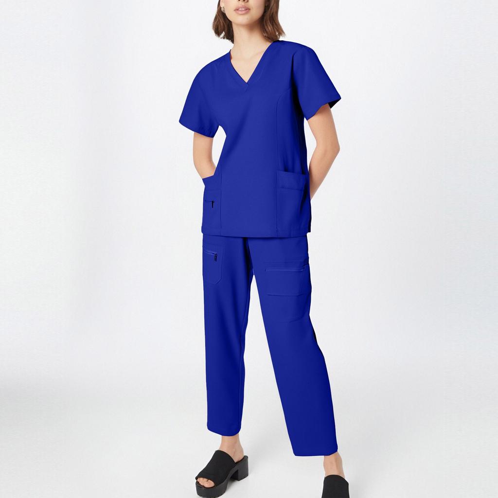 Conjunto de Dos Piezas para Mujer con Mangas Cortas, Color, Cuello en V, Bolsillo, Top y Pantalones, Ropa de Trabajo