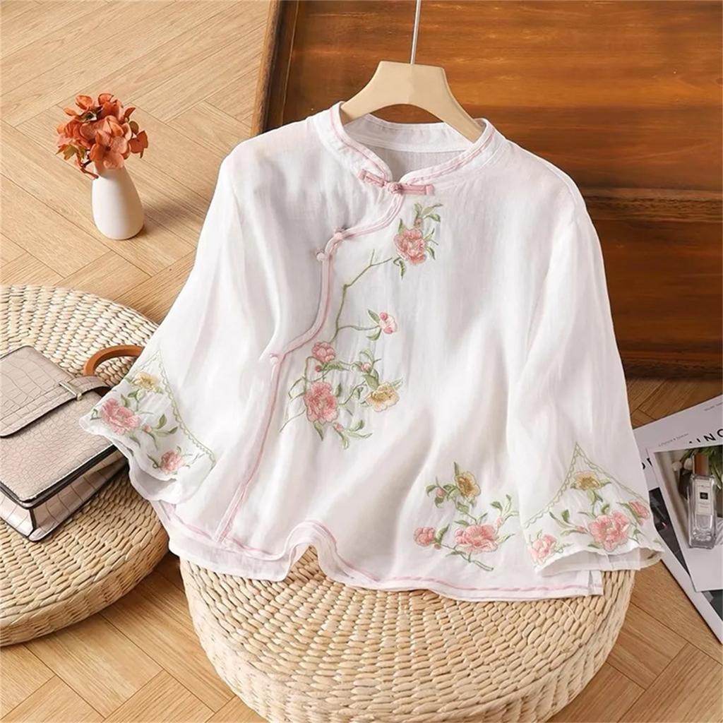 Women's Vintage Inspired Loose Fit Embroidered Mandarin Collar Button Front Cotton Linen Blend Blouse With Three Quarter Sleeves