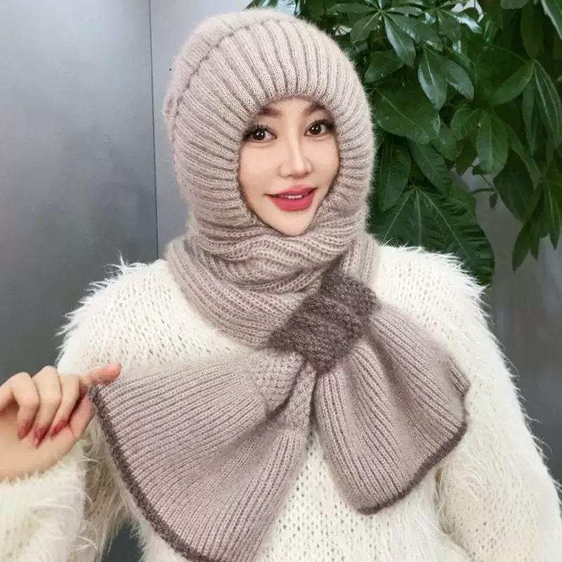 Winter warm neck protection mother ear protection headgear fleece knitted snow hat scarf integrated hat women