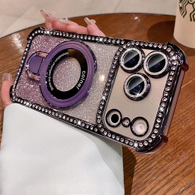 Glitter Diamond for Bracket Case for For Iphone 16 17 Pro Max 1 14 13 Camera Protector Holder Stand Bling Gradient Cover