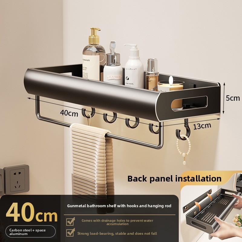 Wall Mount Bathroom Storage Shelf With Hooks Removable Aluminum For Toilet And Sink Area