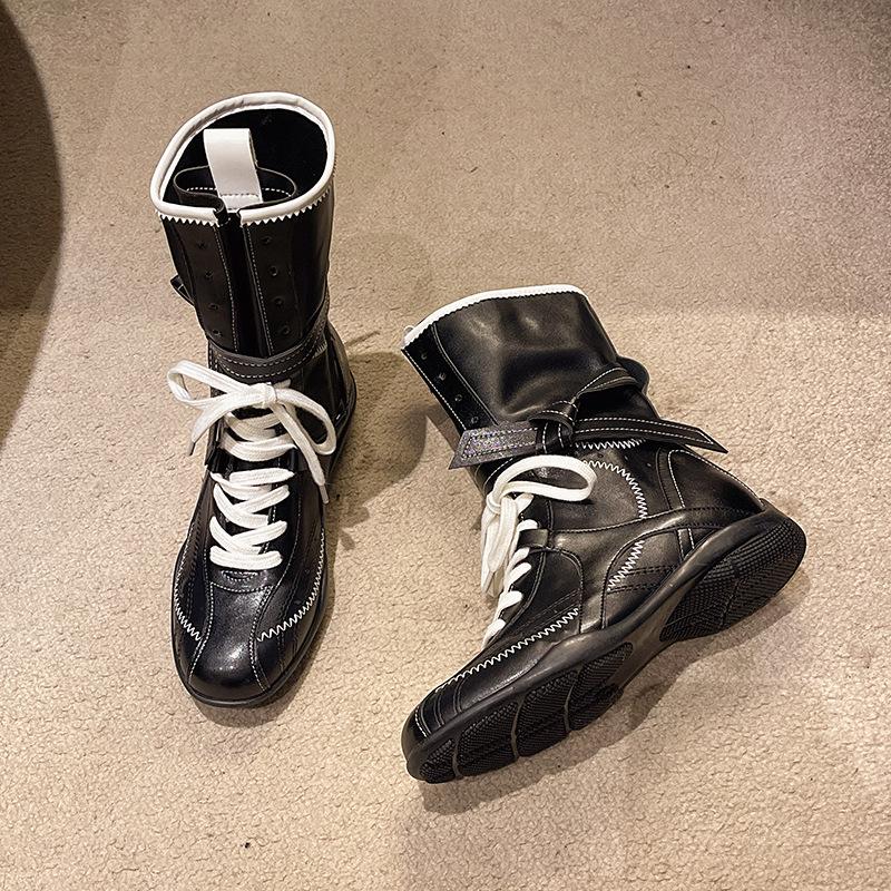 

Ботильоны на плоской подошве, женские ковбойские сапоги в западном стиле, весенне-осенние ретро матовые кожаные ботинки на шнуровке 40 чёрный