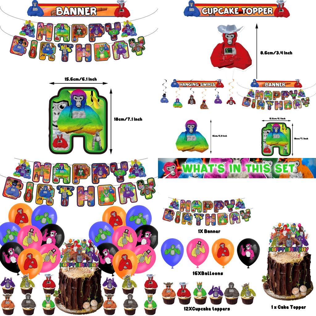 Gorilla Tag Birthday Party Decoration Set Spiral Balloon Arrangement With Cake Topper And Flag