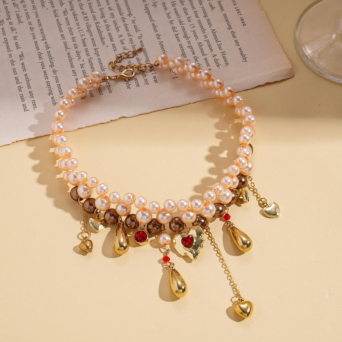 Diamond-set imitation pearl beaded love water drop fringed neck chain court style necklace