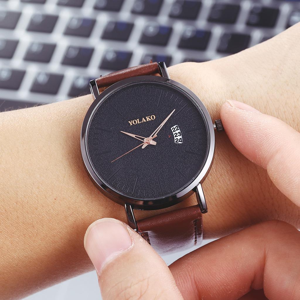 YOLAKO To Brand Sleek Minimalist Men's Watch Leather Belt Watch British Style Calendar Simple Quartz Clock Erkek Kol Saati