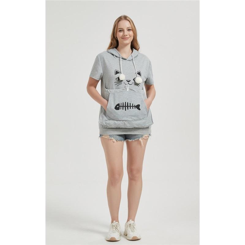 

Women s Summer Cat Face Fish Bone Print Loose Large Pocket Short-sleeved Hooded T-shirt S светло-серый