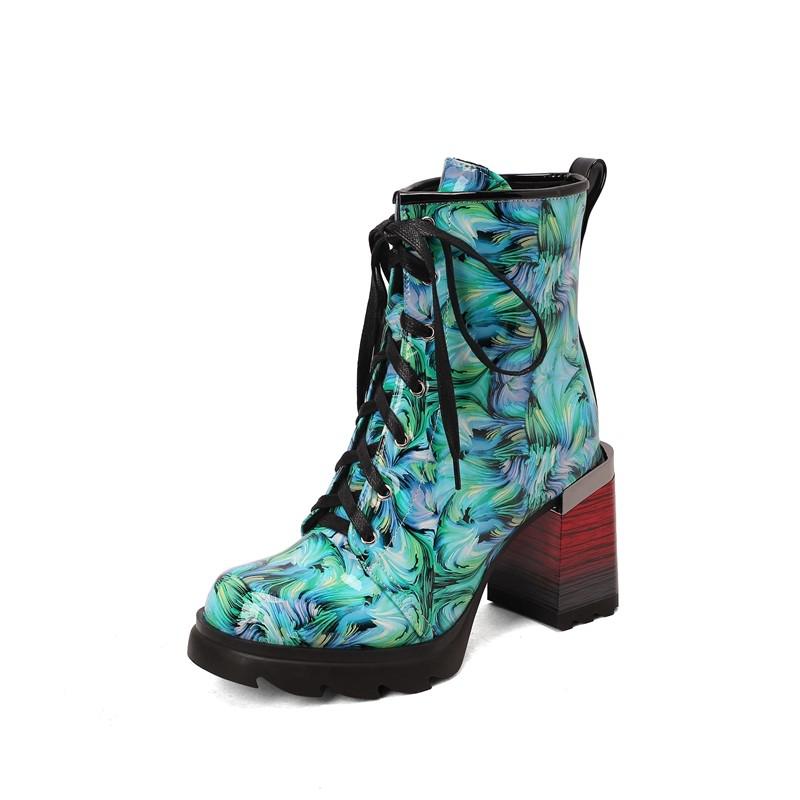 

Модные женские ботильоны с принтом, осень-зима, новые, на толстом высоком каблуке, на платформе, с круглым носком, туфли для вечеринок, зеленые, желтые, размер 44 8.5