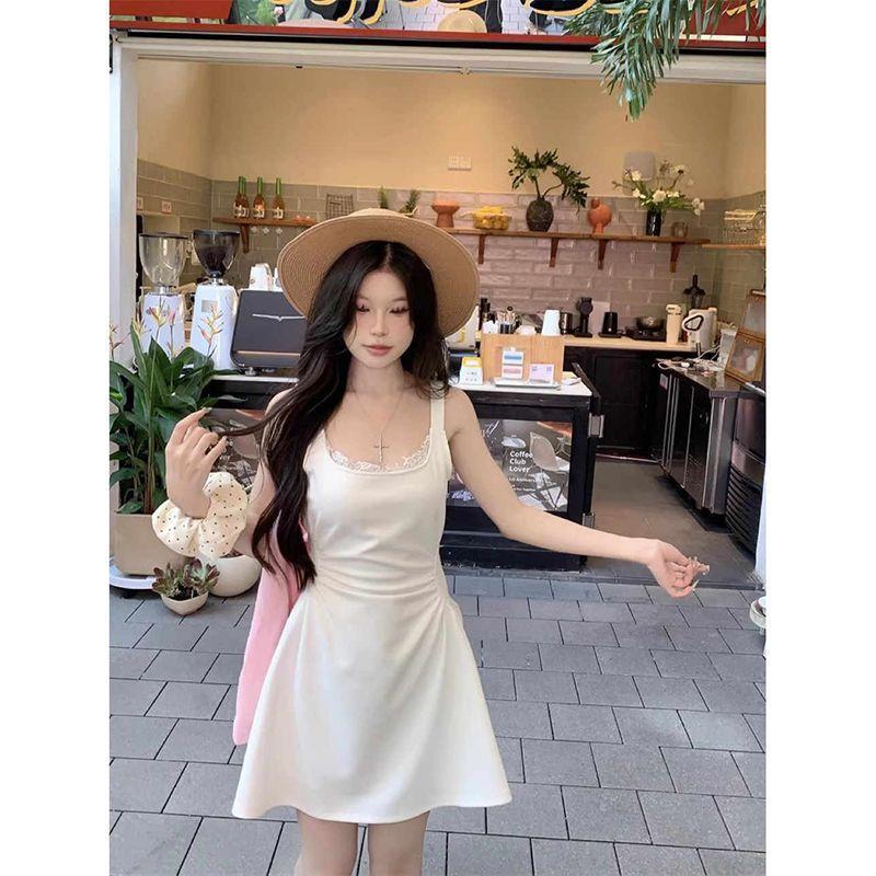 Sexy Spice Girl Wind Lace Splicing Suspender Dress Women's Summer Design Sense Waist Skinny Short Skirt