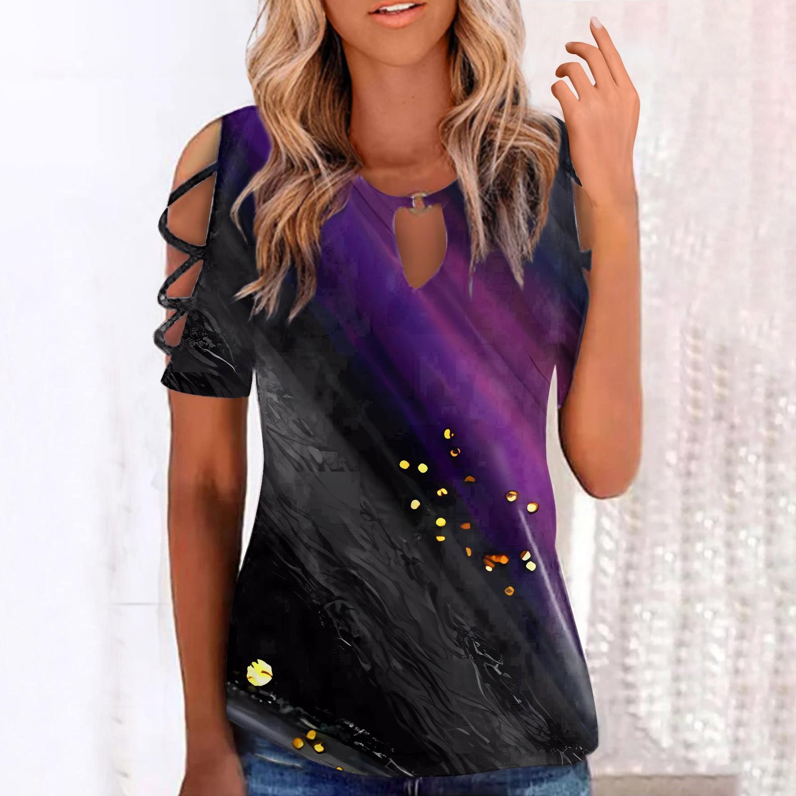 

Women s Top Printed Loose Round Neck Hollowed Out Off Shoulder Short Sleeves XXXL чёрный