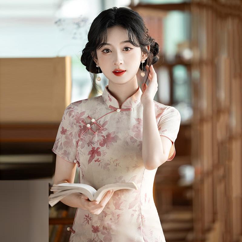 Womens Modern Qipao Dress In Bamboo Linen Retro Vintage Fit Short Sleeve Daily Wear 2025