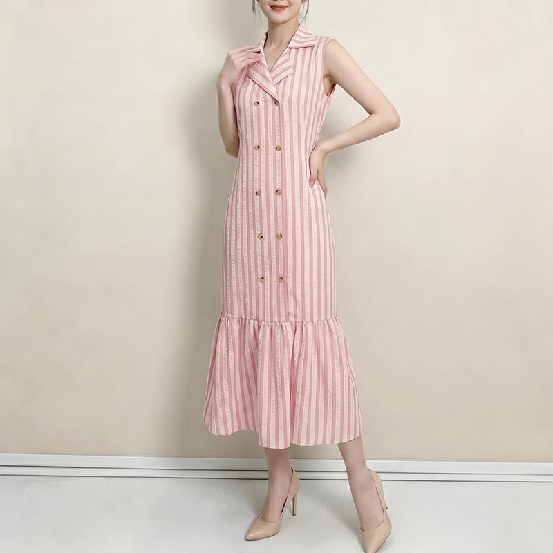 ZANZEA Women Turn Down Collar Loose Casual Sleeveless Stripe Dress S розовый