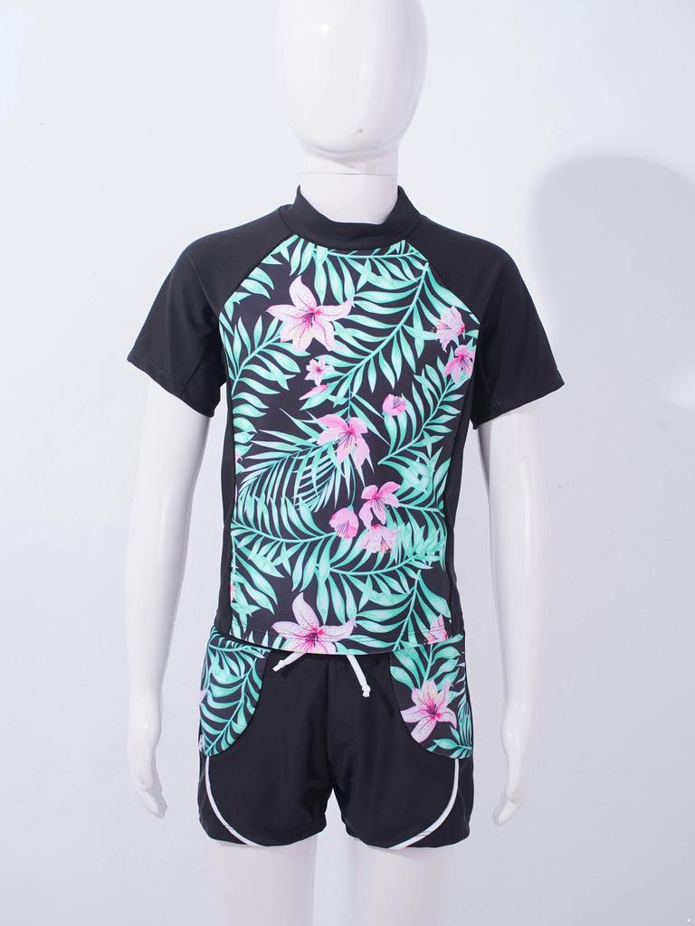 Girls 2 Piece Floral Print Swim Set Round Neck Short Sleeve Top Elastic Waist Boyshorts Beach Bathing Suit Swimsuit