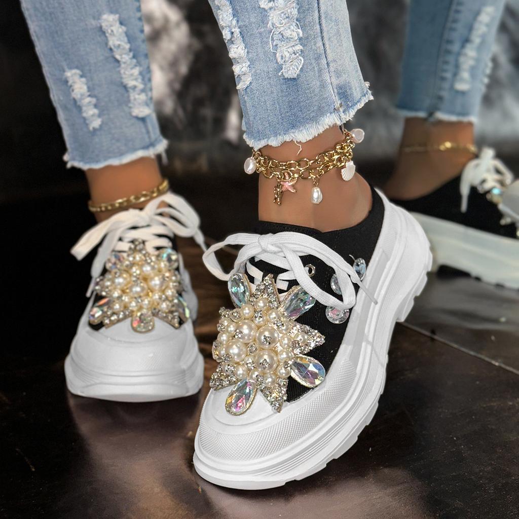 Shoes for woman Luxury Crystals Lace-up Toe Platform Slippers Sandals Rhinestone Slides Canvas Bling Shoes Wedge Thick Sole