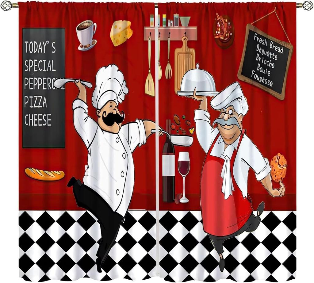 Chef Window Curtains, Fat Funny Cook Theme Curtains For Bedroom & Living Room, Red Black Buffalo Check Plaid Kitchen Drape