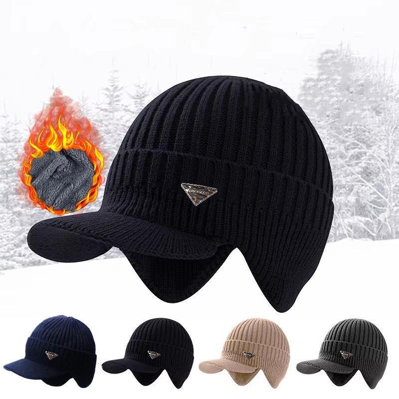 Unisex Winter Warm Thermal Beanie with Brim,Fleece-Lined Stretchy Knit Skull Lightweight Warm Ear Protection for Outdoor Sport