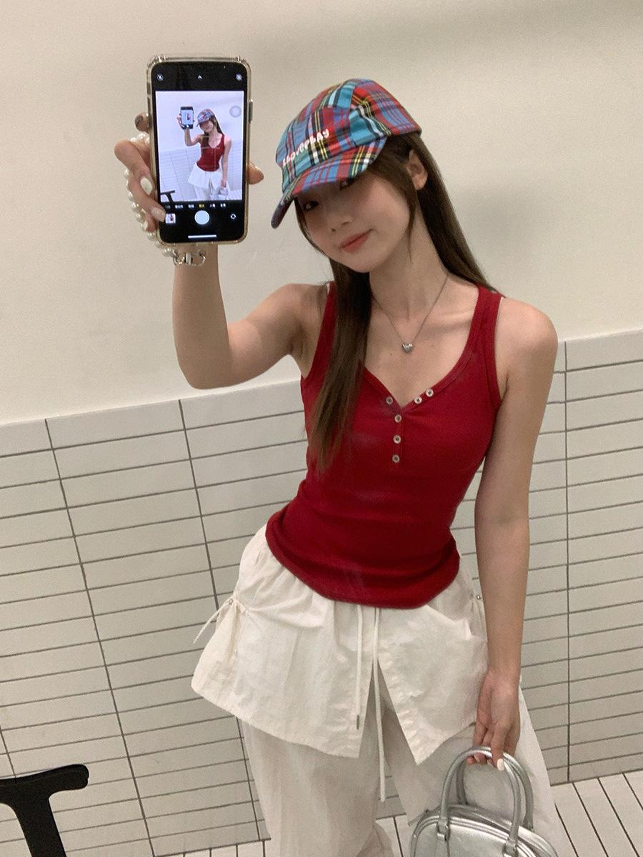 

Red V-neck button-up outer wear suspender vest women s summer new sleeveless slim-fitting cover breasts beautiful back inner top S красный