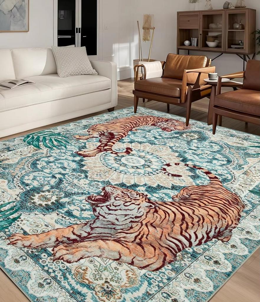 Moynesa Tiger Bohemian Rug for Living Room Retro Tiger Print Carpet Washable Carpets Dining Room Indoor Doormat Kitchen Area Rug