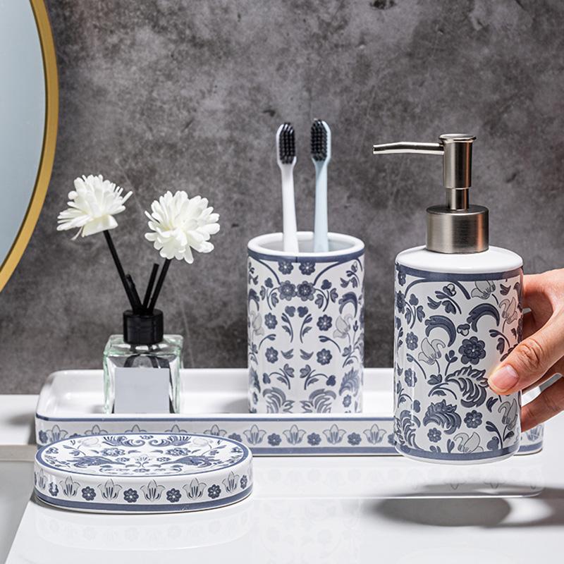 4pcs/set Floral Pattern Bathroom Refillable Liquid Soap Container Creative Ceramic Wash Set Accessories