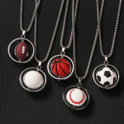 1pc New Rotatable Football Pendant Necklace, Unisex Sports Lover Commemorative Gift,  Stainless Steel Basketball, Tennis, Rugby Series Accessories,