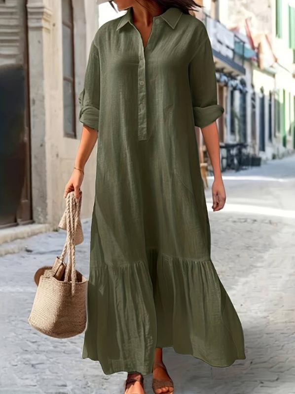 New Cotton and Linen Long Irregular Dress Shirt Collar Button Casual Dress