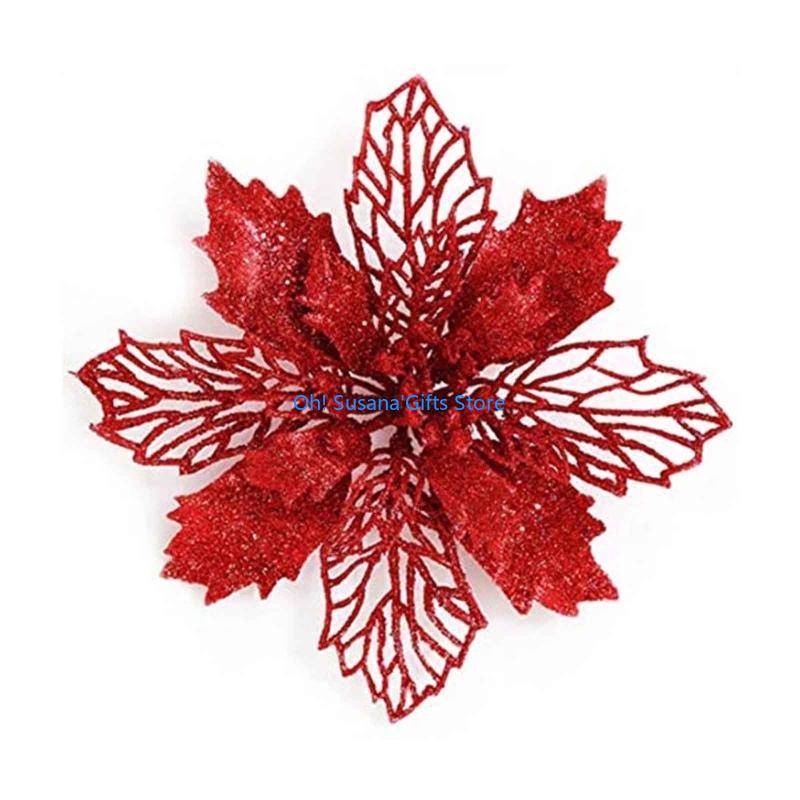 090D Glitter Artifical Poinsettia Flower Christmas Tree Decorations for Xmas Wreath
