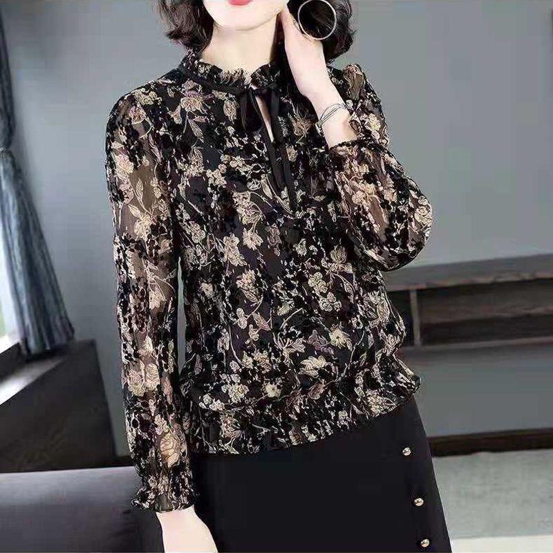 Floral Printed Chiffon Shirt Casual Loose T Shirt for Women