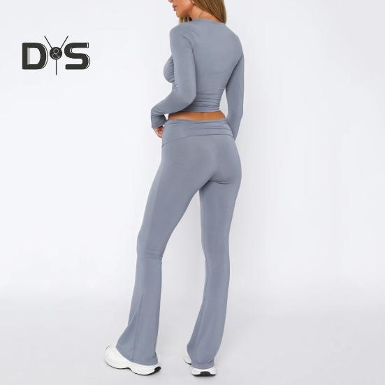 2 Teile/Satz Damen Oberteile Hosen Set Rundhals Einfarbig Lange Ärmel Slim Fit T-Shirt Niedrige Taille Ausgestellte Saum Hose Lässiges Sport Outfit