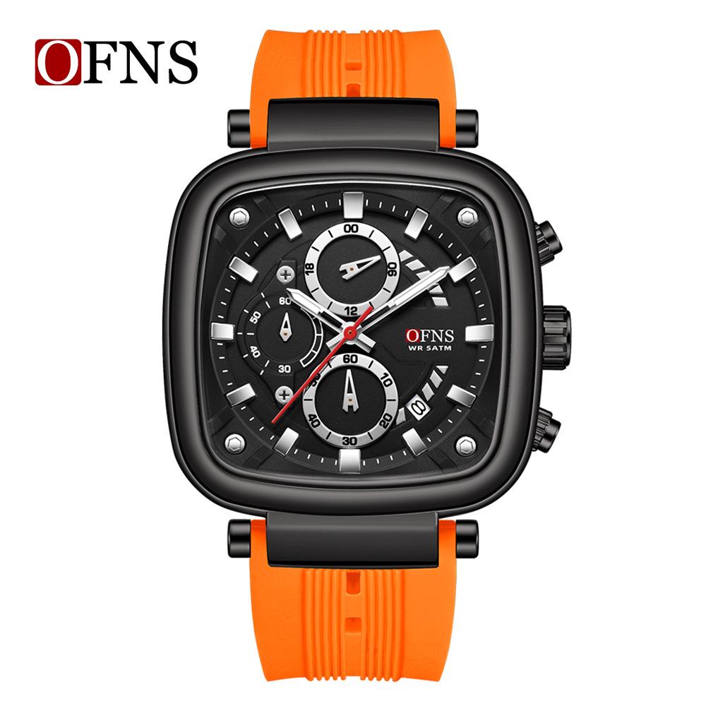 OFNS Men's Square Quartz Chronograph Watch: Luminous, Waterproof, Six-Hand Design, with Calendar for Casual or Commuter Wear.