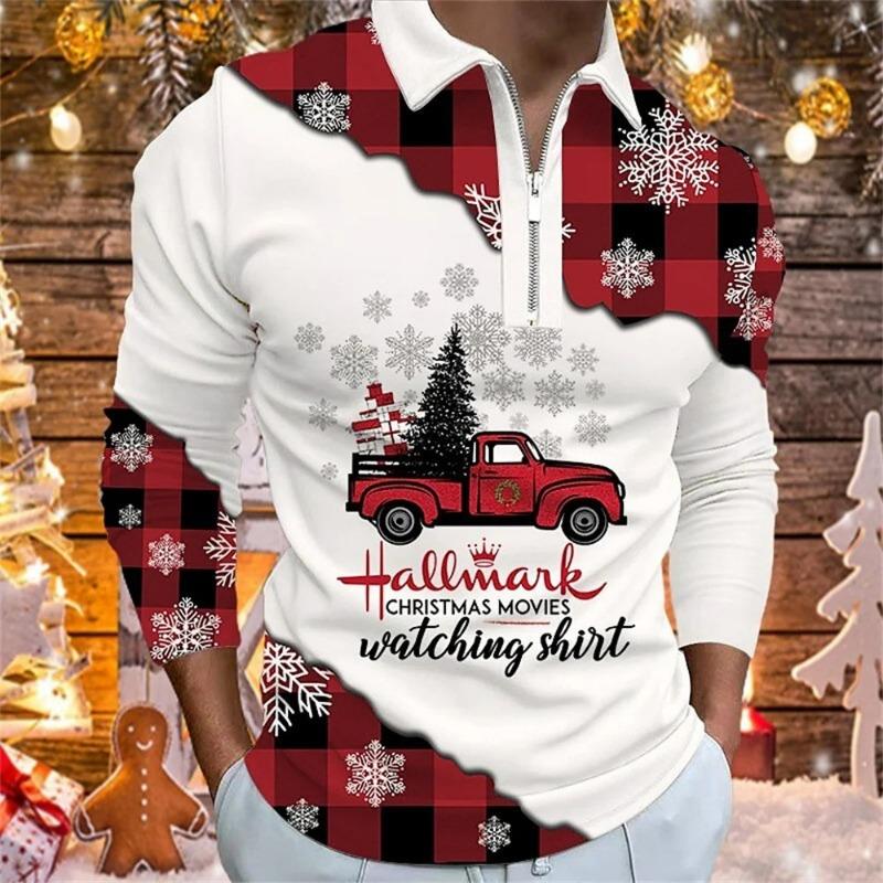 Men Fashion Spring Autumn Polyester Zippo Polo Shirt  Christmas 3D Digital Print Casual Polo Shirt Tops
