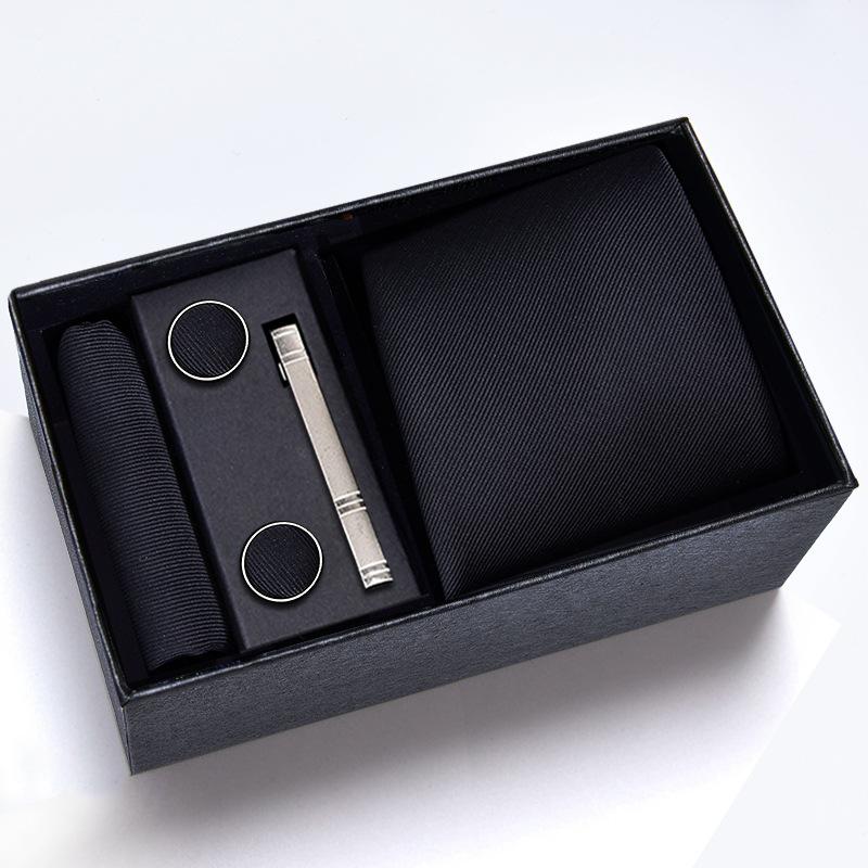 Gift Box Men'S Tie Square Scarf Cufflinks Tie Clip Five-Piece Set, Formal Business Blue Stripes