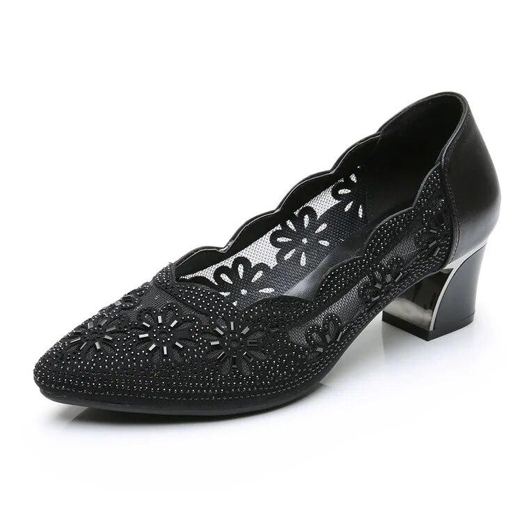 Spring Summer Fashion Hollow Out Genuine Leather Pumps Women Shoes Med Heels Square Heel Mesh Ladies Office Shoes Crystal