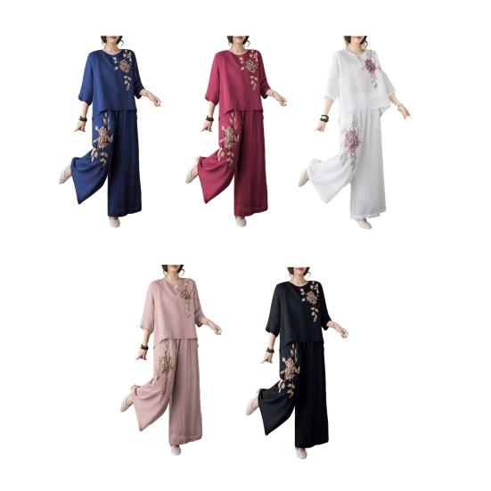 Damen 2-teilige Outfits 3/4 Ärmel Vintage Bestickte Hemden Weite Hosen Set Sommer Baumwolle Leinen Lässig Passendes Set