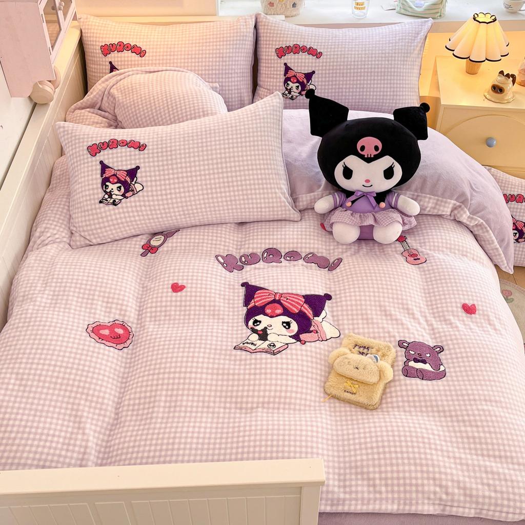 Cat Thickened Milk Fleece Four-Piece Set Cartoon Sticker Embroidered Fleece Quilt Cover Student Three-Piece Set