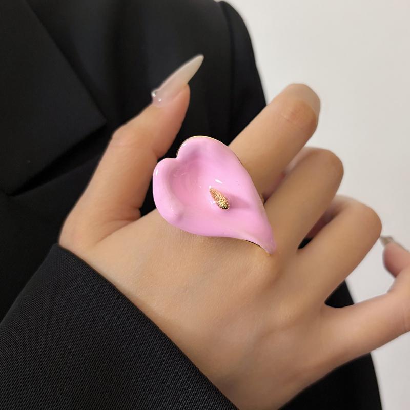 Calla Flower Ring Elegant Enamel Adjustable Metal Open Geometric Style for Women Dating Wedding Guest Wear