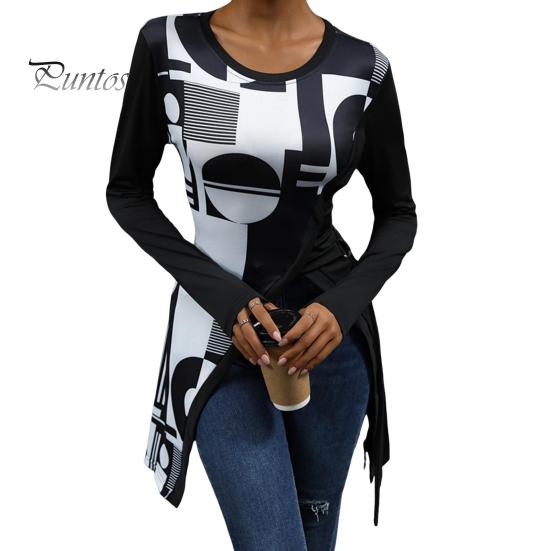 

Женские топы с круглым вырезом, длинным рукавом, геометрическим принтом, облегающей футболкой, боковыми разрезами, отделкой бретельками, топы средней длины S чёрный