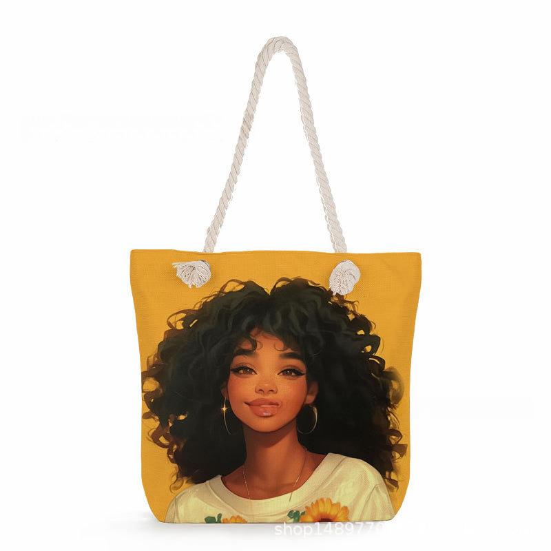 Multifunctional  Black girl Printed Thick Rope Shoulder Beach Bag 7573