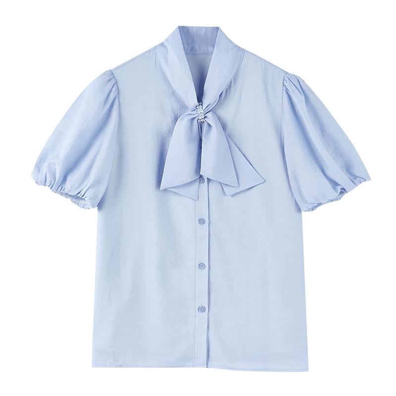 Autumn Water Yi Ren Pearl Button Puff Sleeve Blouse M
