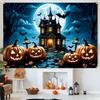 One Halloween party banner featuring designs of terrifying haunted houses pumpkins bats and full moons.