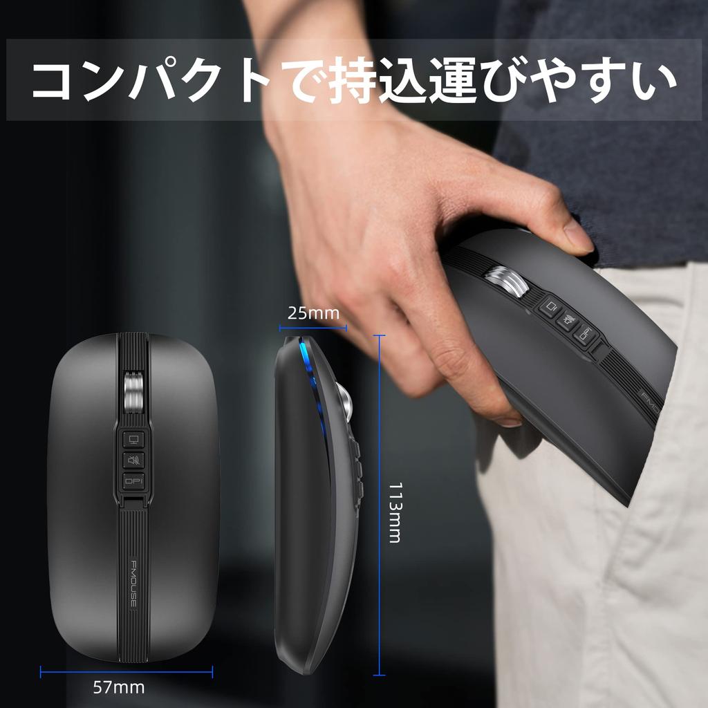 FMOUSE Bluetooth Wireless Mouse, Quiet, Rechargeable, Slim, Compact, 6-Button 2.4GHz Optical Mouse, High Precision, Energy-Efficient, 800120016002400