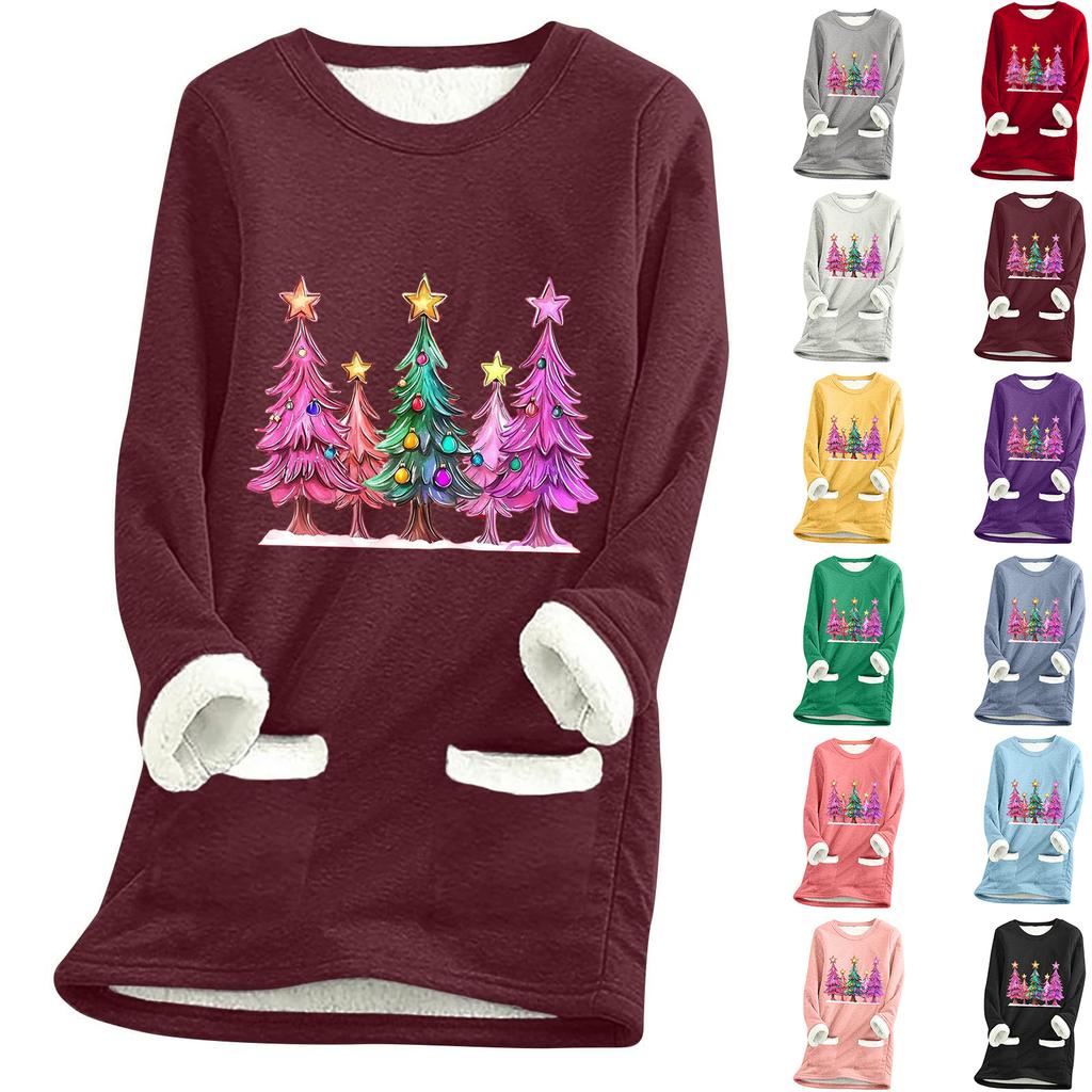 Ladies' Loose And Comfortable Round Neck Christmas Print Thick With Pockets Long Sleeved Top