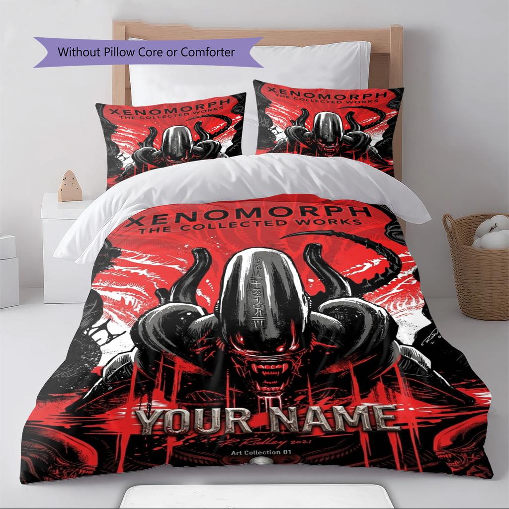 Name Custom Aliens Monster Pattern Bedding Set Quilt Cover Pillowcase Home Decor Gift (1 * Duvet Cover + 2 * Pillowcase, Without Core)