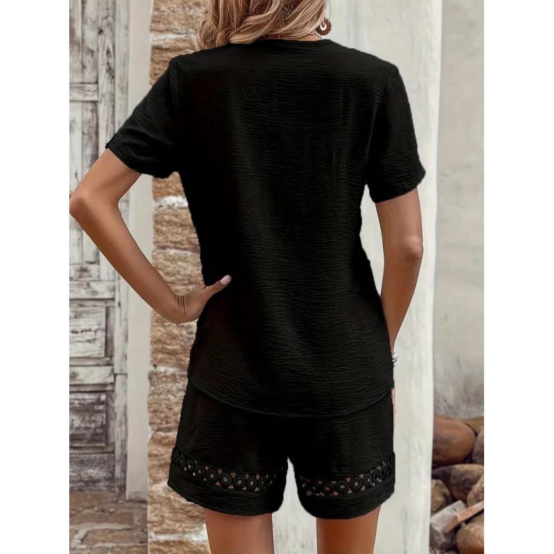 Frühling/Sommer Damen V-Ausschnitt Patchwork Kurzarm Unifarbene Bluse + Shorts Set Für Damen