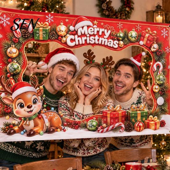Festive Seasonal Event Banner Christmas Cartoon Photo Booth Frame Banner, Xmas Selfie with Elk Theme Props Penguin Bear, Holiday Party Handheld Prop,