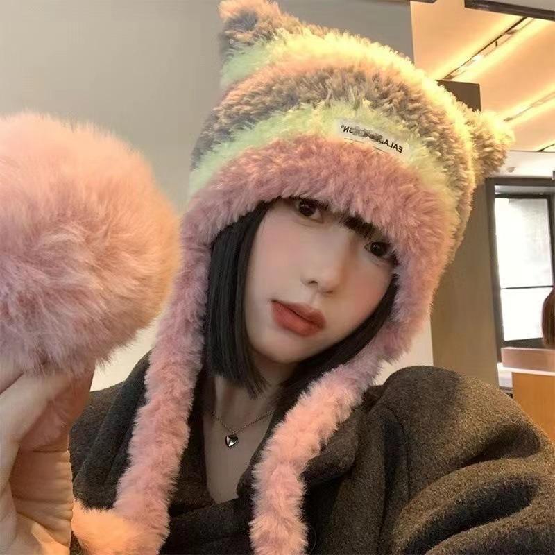 Striped knitted cute plush can be used as a bag hat versatile ear protection warm autumn and winter color matching new models