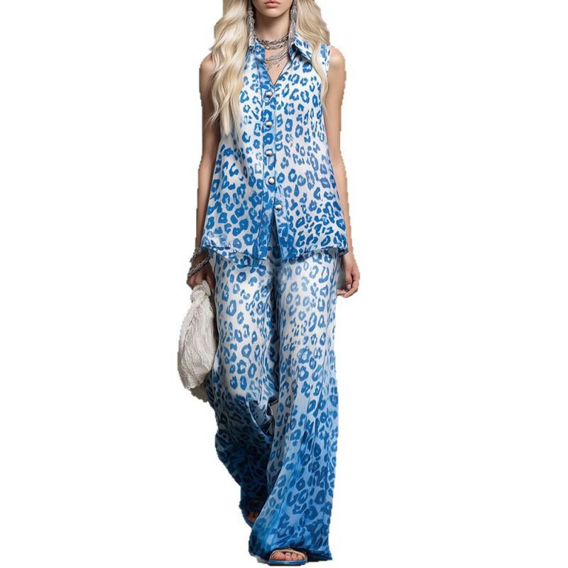 Stylish Two-piece TK Loose Leopard-print Sleeveless Shirt Trousers Set