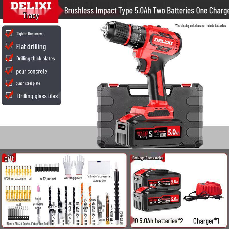 Delixi Rechargeable Brushless Impact Drill & Screwdriver with Lithium Battery for Household Use