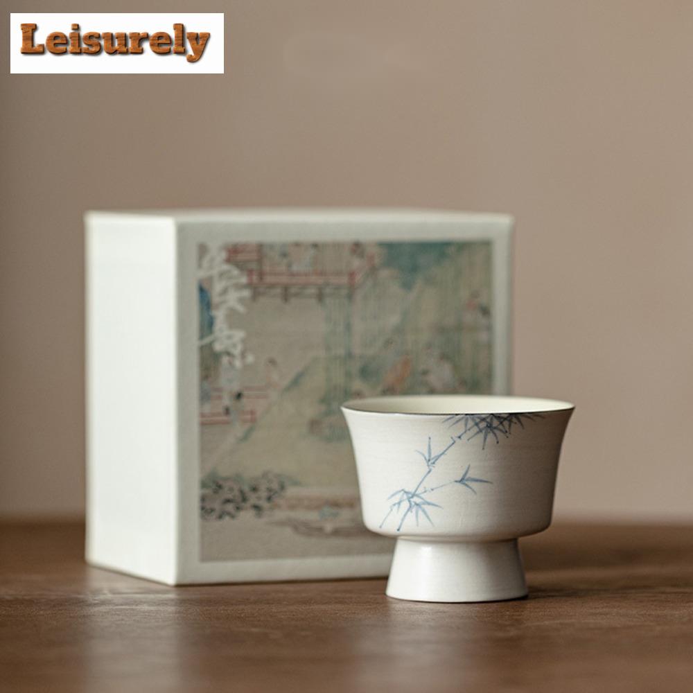 80ml Hand-painted Ink Bamboo Ceramic Teacup Powder Yin White Water Moon Cup Tea Master Cup Tea Bowl Chazhan Kung Fu Teaware Gift