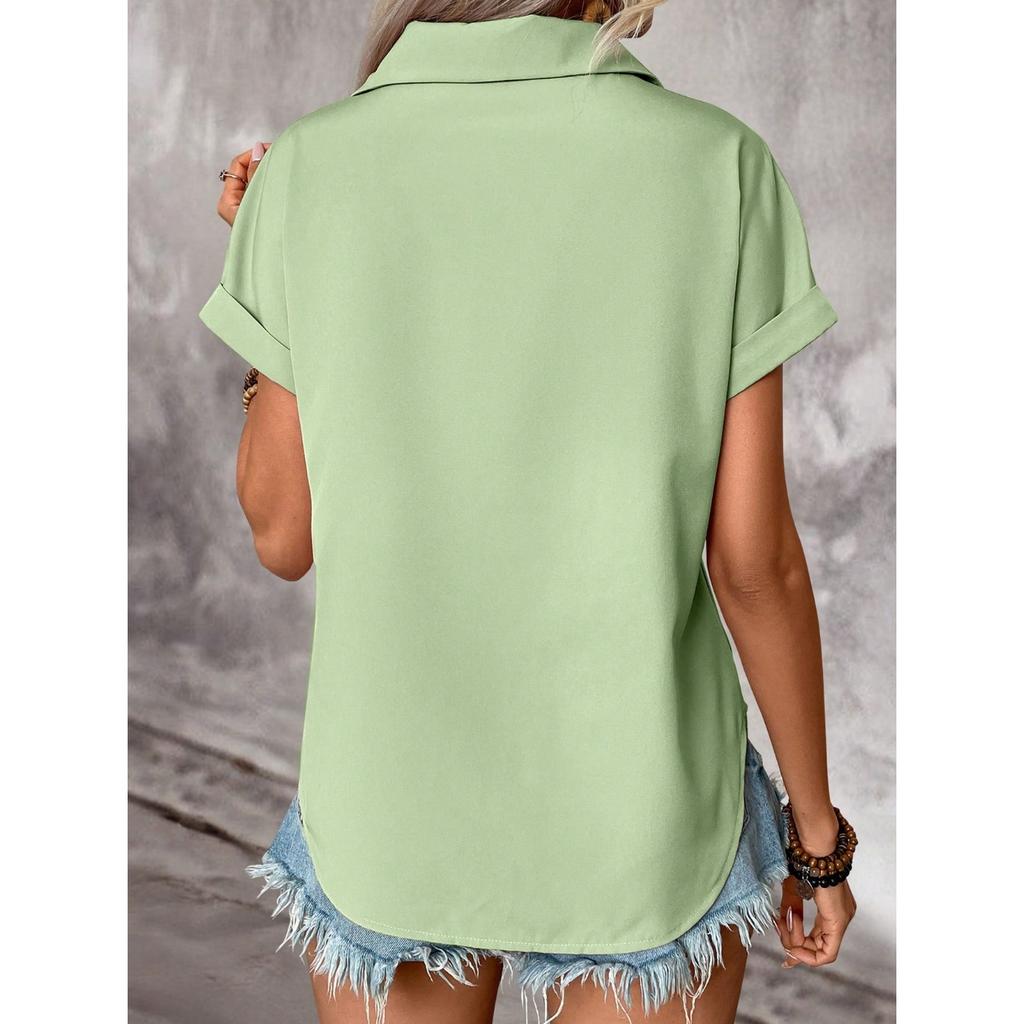 IHUASU Unifarben mit Schnalle Revers Schulter Falten Tasche Einsatz Schulter Kurzarm Top Zoll T-Shirt Frau