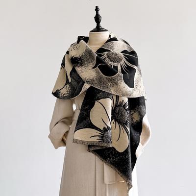 Herbst/Winter Blumiger Warmer Schal Luxus Quasten Pashmina Schal Damen Imitation Kaschmir Verdickt Kettfäden Kälteschutz Decke