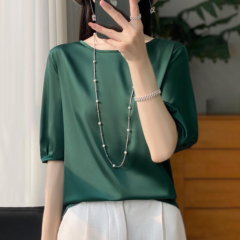 Satin Round Neck Half-Sleeve Loose T-Shirt for Women